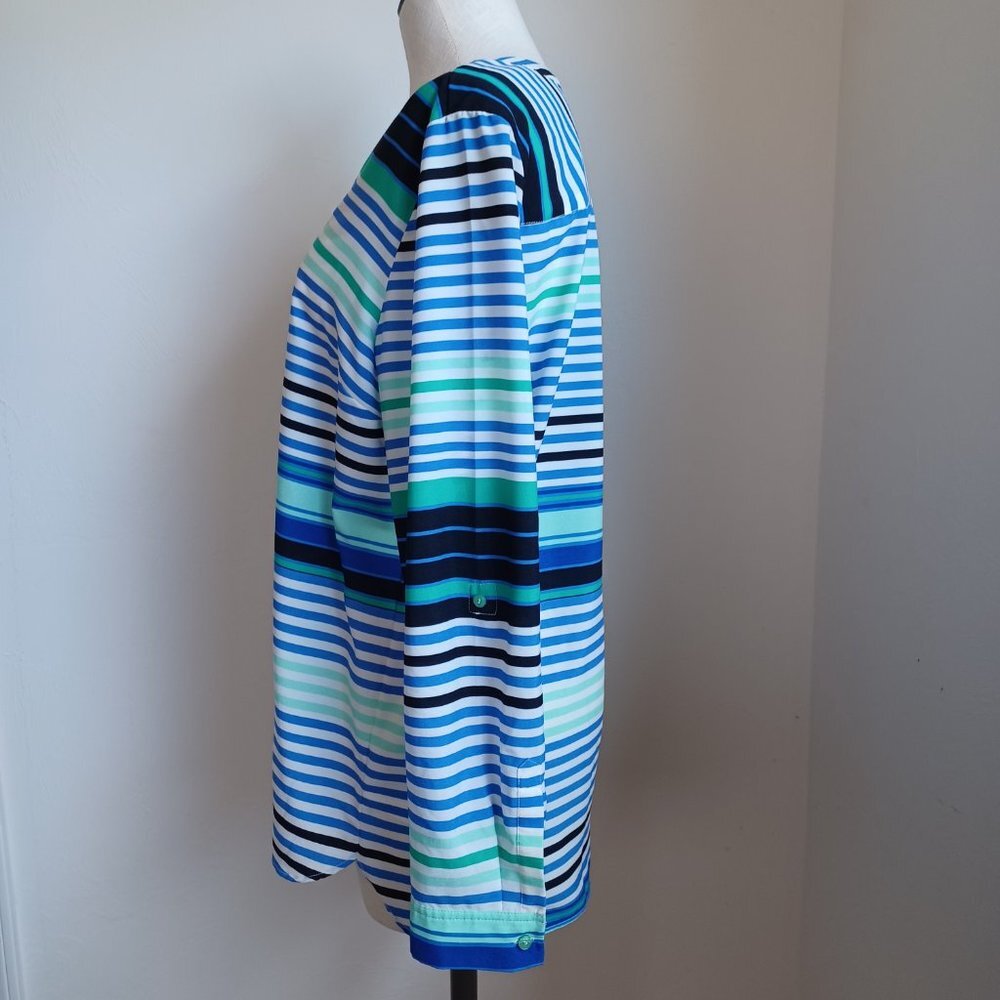 Talbots Blouse Stripe Roll Tab Sleeve Tunic Length Size Large - Picture 7 of 16